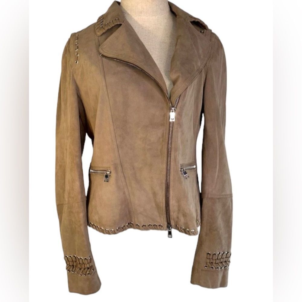 Marc Cain suede Taupe Leather Zip Moto Jacket